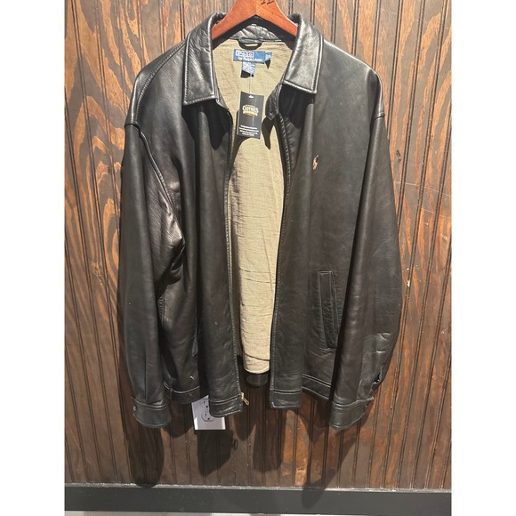 Polo Ralph Lauren Other - Polo Ralph Lauren Black Leather Bomber Jacket Waffle Knit Lined Mens XL 26x29